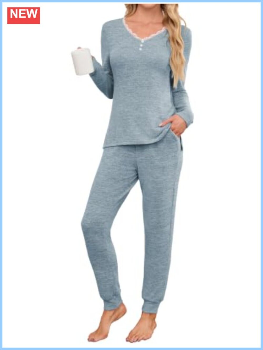 Women's Pajama Set Lace Trim V Neck 2 Piece Lounge Set with Pockets